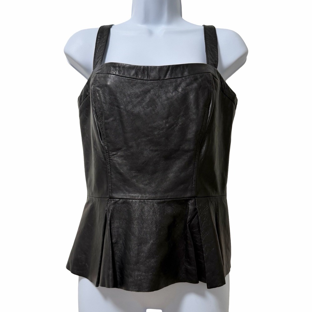 Bebe Womens Leather Peplum Fitted Tank Top Size M Black Zip Back Edgy Gothic Y2K